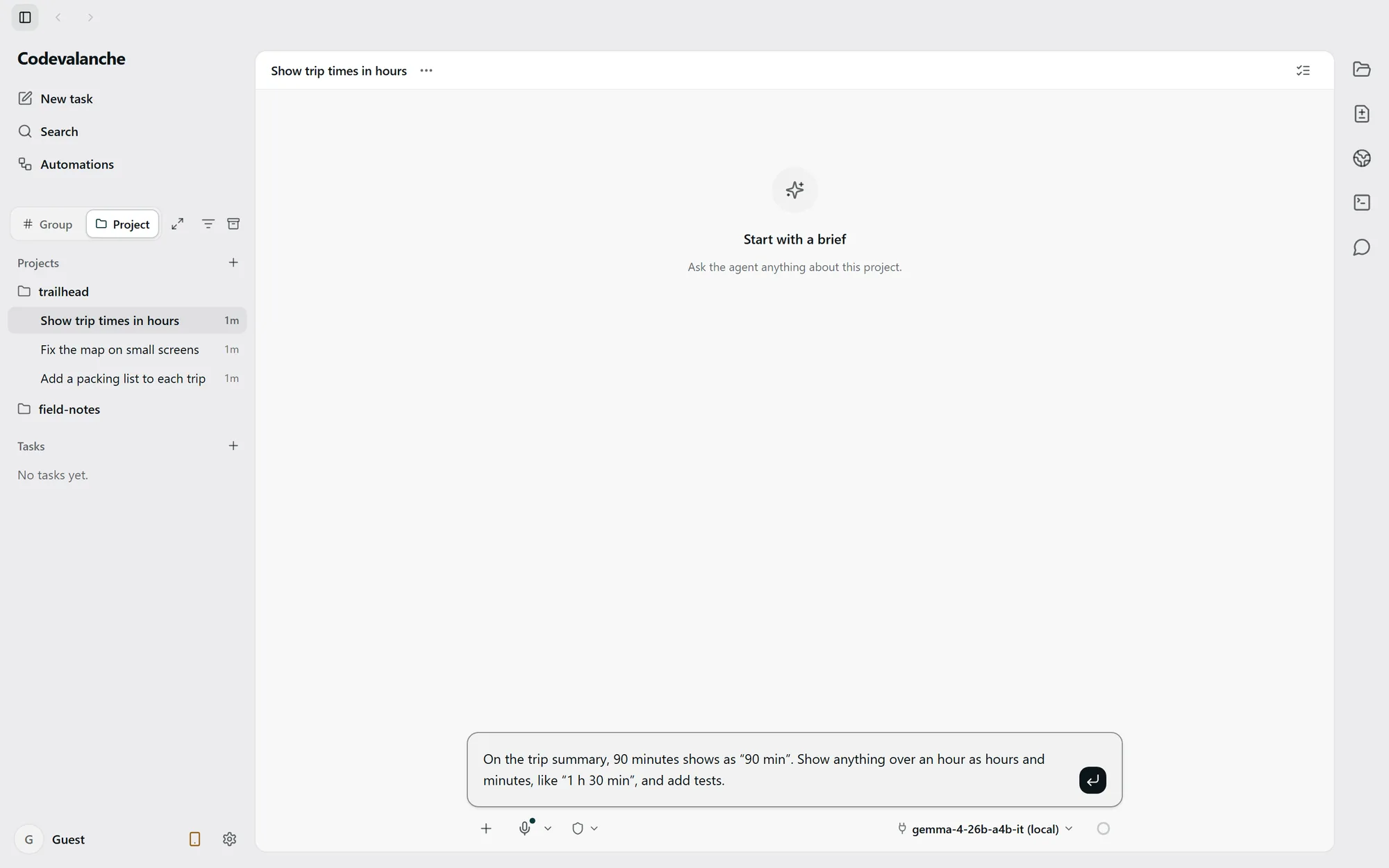 Tugas baru di Codevalanche dengan brief tertulis di kotak pesan, siap dikirim.