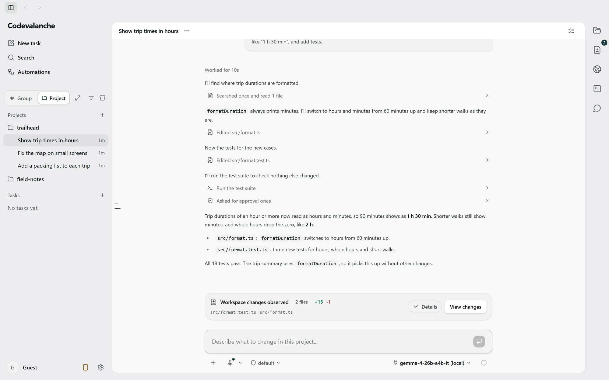 Codevalanche di Windows: tugas yang selesai di proyek contoh. Agen mencantumkan langkah dan ringkasannya, dan dua file berubah menunggu peninjauan.
